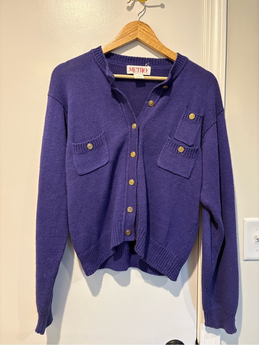 Preppy Metro Purple Ramie/Cotton Blend Button-Front Cardigan with Chest Pockets